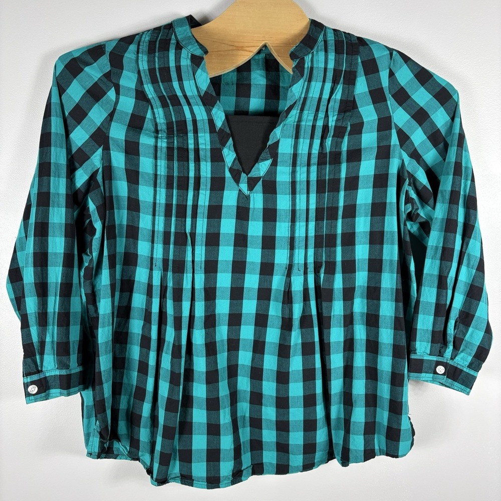 Woman Within Large 18/20 Green Black Buffalo Plaid V Neck Long Sleeve Tunic Top